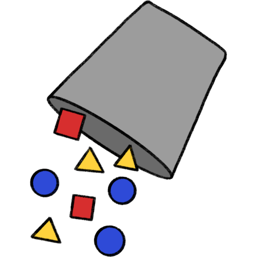  a drawing of a gray trash can that has been tipped over. Multiple circles, triangles, and squares are falling out of it.